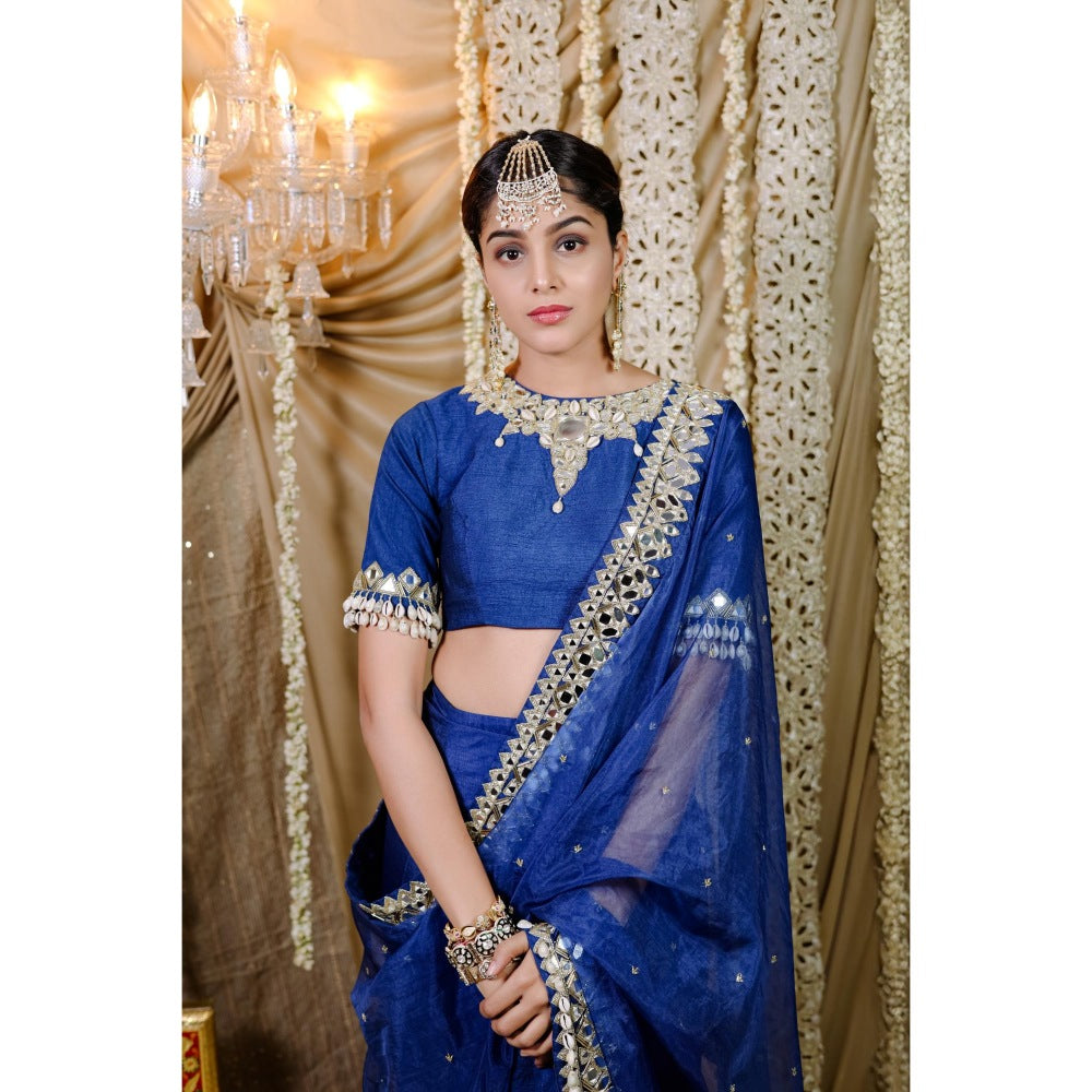 FORAM PATEL Navy Blue Embroidered Pre-Draped Saree with Stitched Blouse