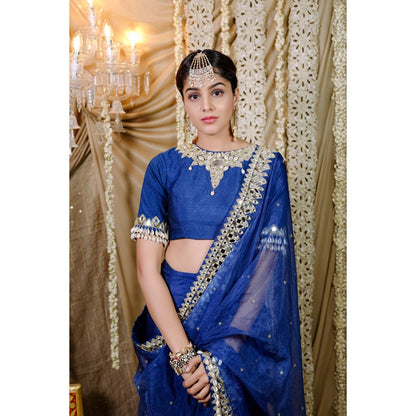 FORAM PATEL Navy Blue Embroidered Pre-Draped Saree with Stitched Blouse