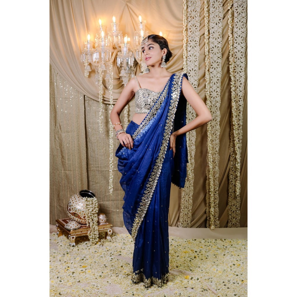 FORAM PATEL Navy Blue Embroidered Pre-Draped Saree with Stitched Blouse