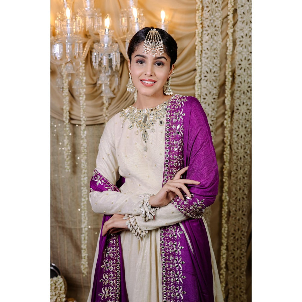 FORAM PATEL Ivory Embroidered with Mirror Work Anarkali Kurta with Dupatta (Set of 2)