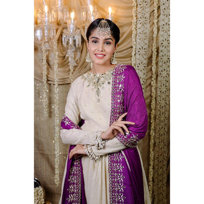 FORAM PATEL Ivory Embroidered with Mirror Work Anarkali Kurta with Dupatta (Set of 2)