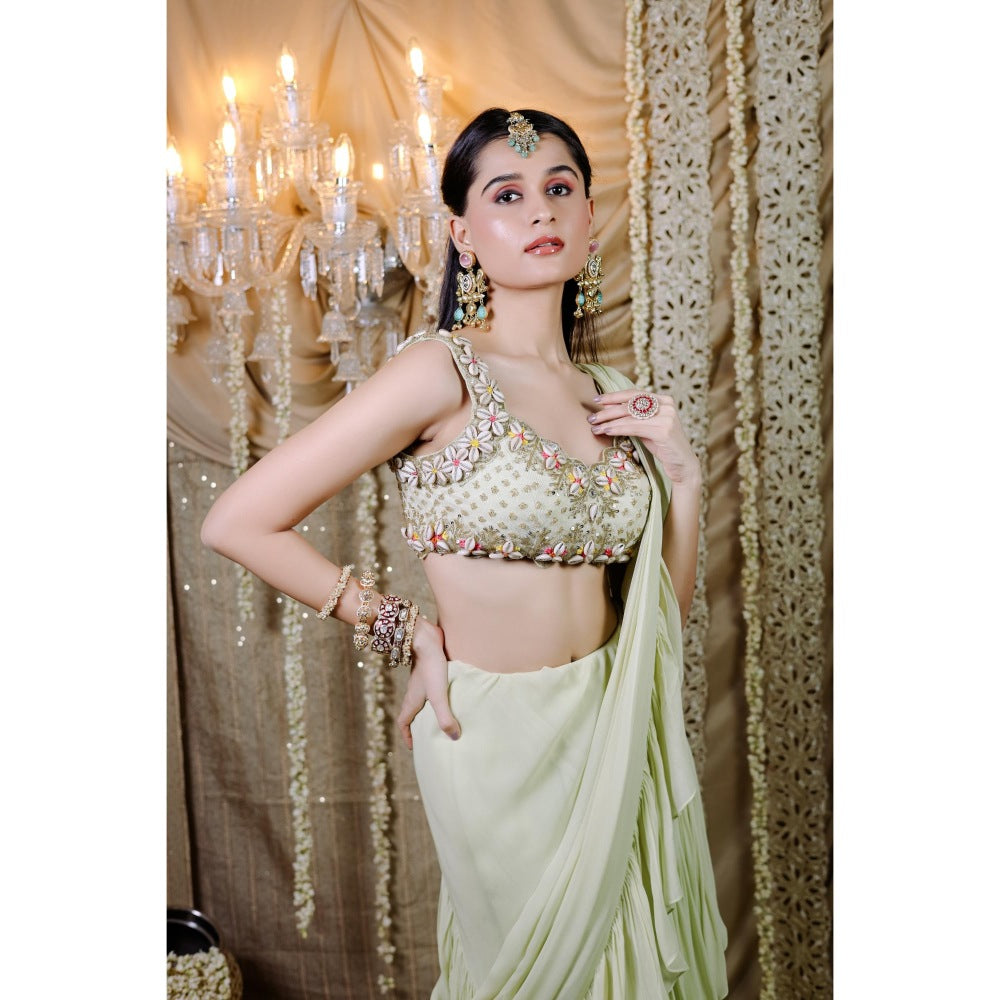 FORAM PATEL Mint Green Pre-Draped Ruffle Saree with Stitched Blouse