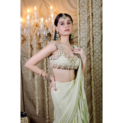 FORAM PATEL Mint Green Pre-Draped Ruffle Saree with Stitched Blouse