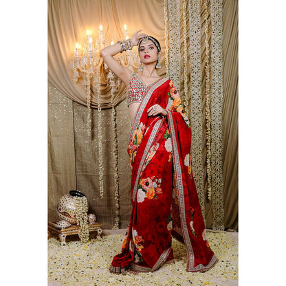 FORAM PATEL Red Floral Printed Pre-Draped Saree with Stitched Blouse