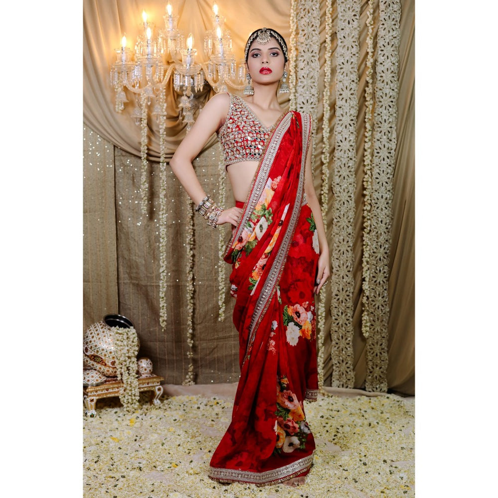 FORAM PATEL Red Floral Printed Pre-Draped Saree with Stitched Blouse