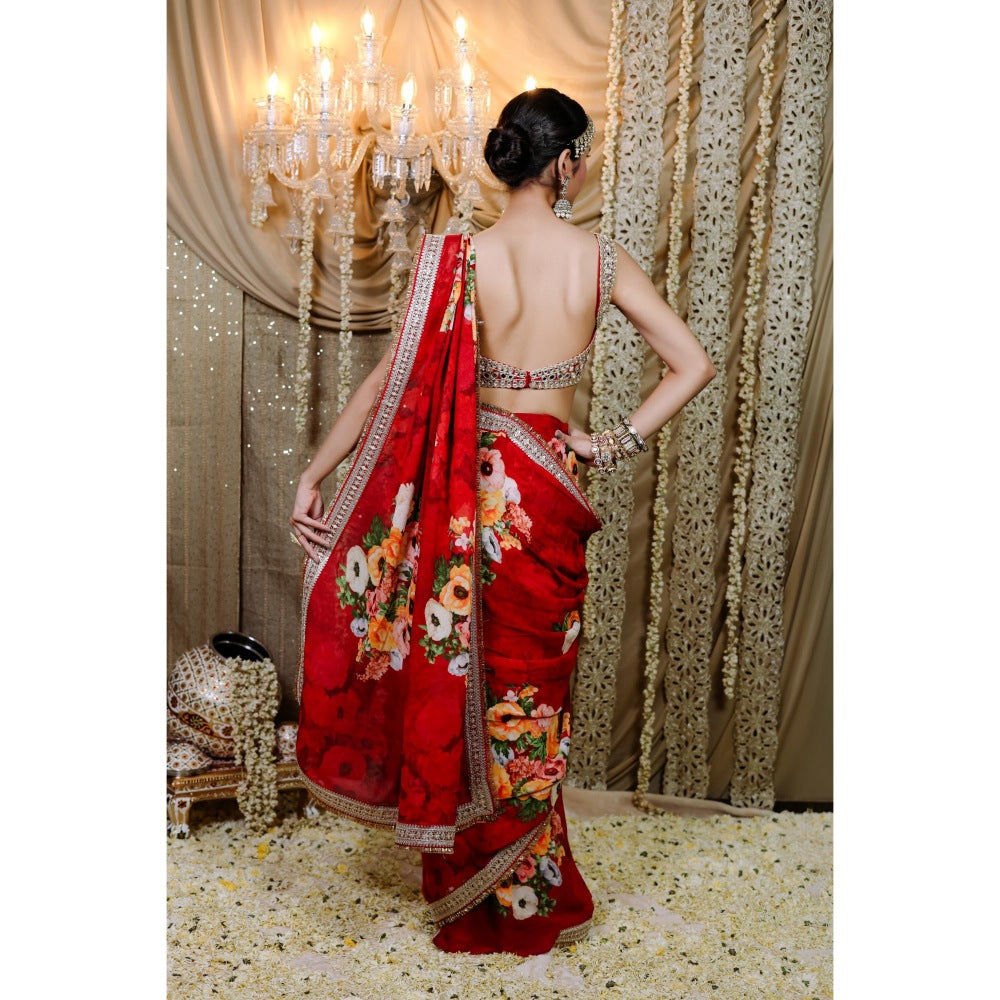 FORAM PATEL Red Floral Printed Pre-Draped Saree with Stitched Blouse