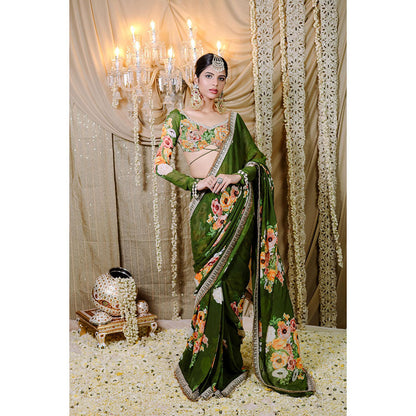 FORAM PATEL Green Floral Printed Pre-Draped Saree with Stitched Blouse