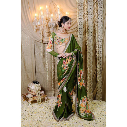FORAM PATEL Green Floral Printed Pre-Draped Saree with Stitched Blouse