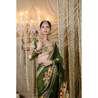 FORAM PATEL Green Floral Printed Pre-Draped Saree with Stitched Blouse