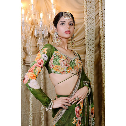 FORAM PATEL Green Floral Printed Pre-Draped Saree with Stitched Blouse