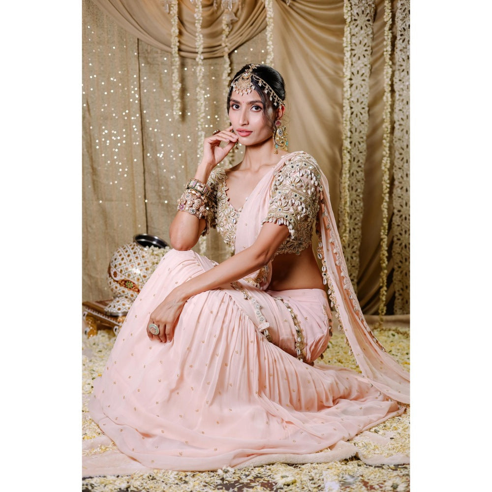 FORAM PATEL Pink Embroidered Mumtaz Pre-Draped Saree with Stitched Blouse