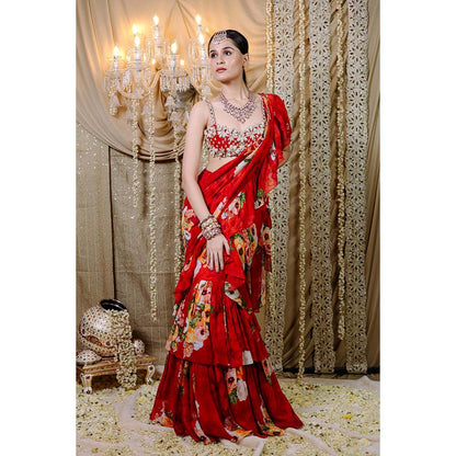 FORAM PATEL Red Floral Printed Ruffle Pre-Draped Saree with Stitched Blouse