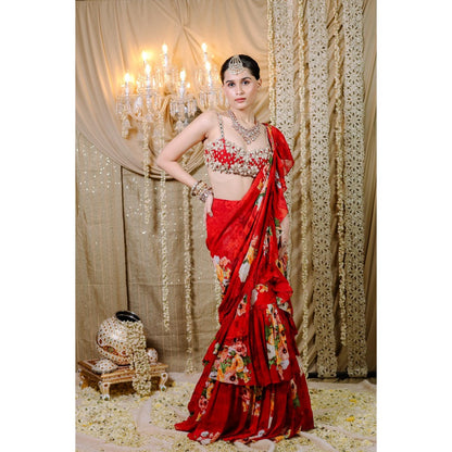 FORAM PATEL Red Floral Printed Ruffle Pre-Draped Saree with Stitched Blouse