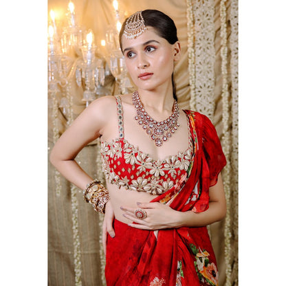 FORAM PATEL Red Floral Printed Ruffle Pre-Draped Saree with Stitched Blouse