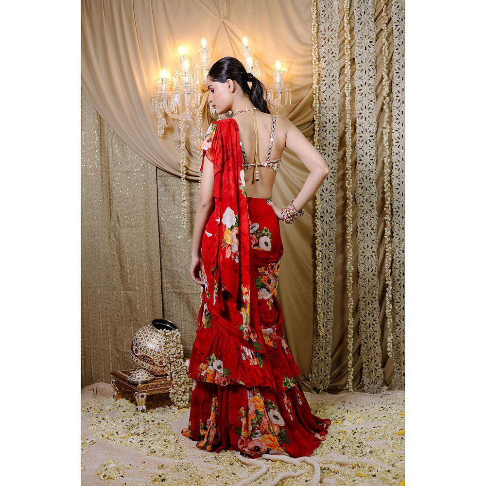 FORAM PATEL Red Floral Printed Ruffle Pre-Draped Saree with Stitched Blouse