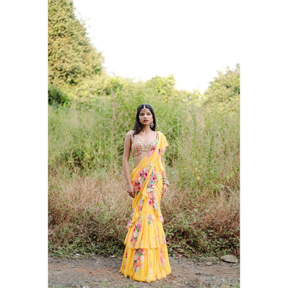 FORAM PATEL Yellow Floral Printed Ruffle Pre-Draped Saree with Stitched Blouse