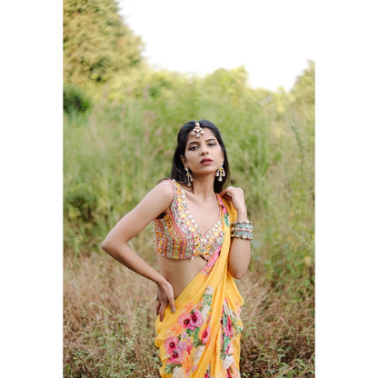 FORAM PATEL Yellow Floral Printed Ruffle Pre-Draped Saree with Stitched Blouse