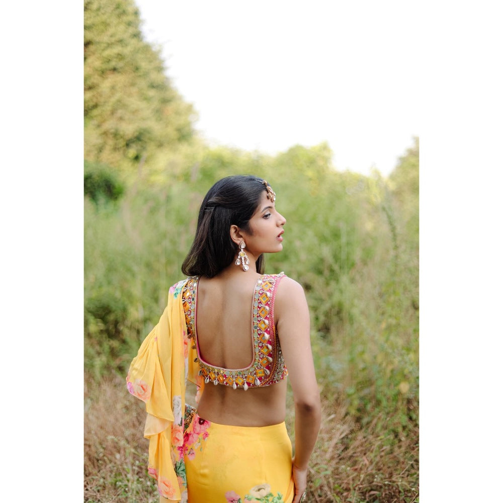 FORAM PATEL Yellow Floral Printed Ruffle Pre-Draped Saree with Stitched Blouse