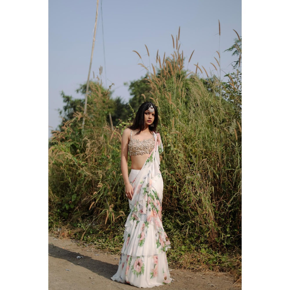 FORAM PATEL White Floral Printed Ruffle Pre-Draped Saree with Stitched Blouse