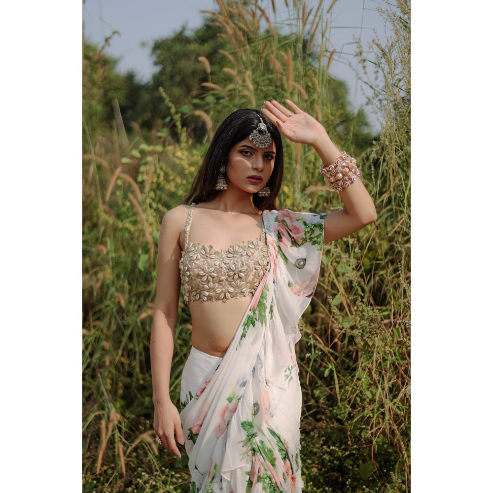 FORAM PATEL White Floral Printed Ruffle Pre-Draped Saree with Stitched Blouse