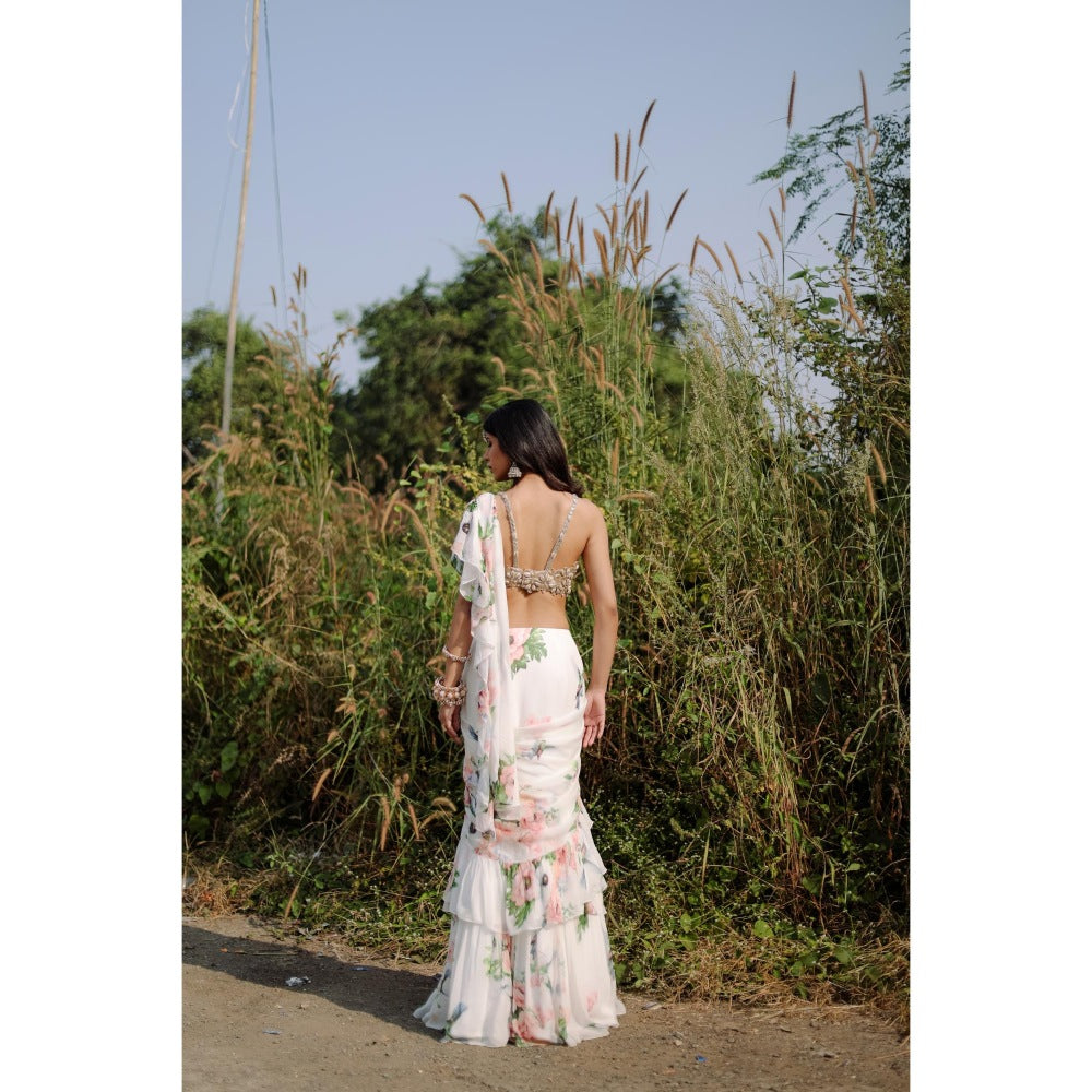 FORAM PATEL White Floral Printed Ruffle Pre-Draped Saree with Stitched Blouse