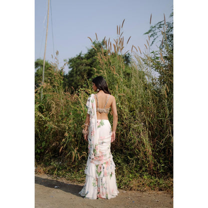 FORAM PATEL White Floral Printed Ruffle Pre-Draped Saree with Stitched Blouse