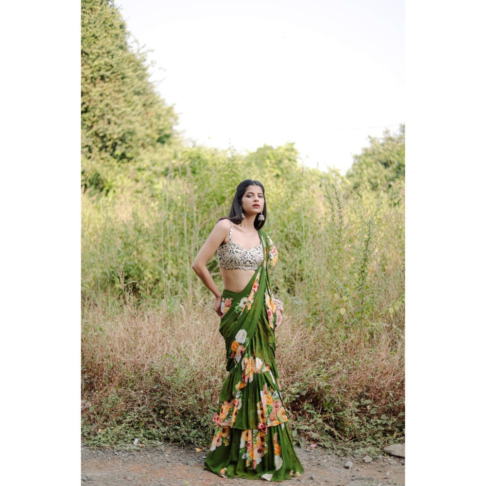 FORAM PATEL Green Floral Printed Rufflepre-Draped Saree with Stitched Blouse