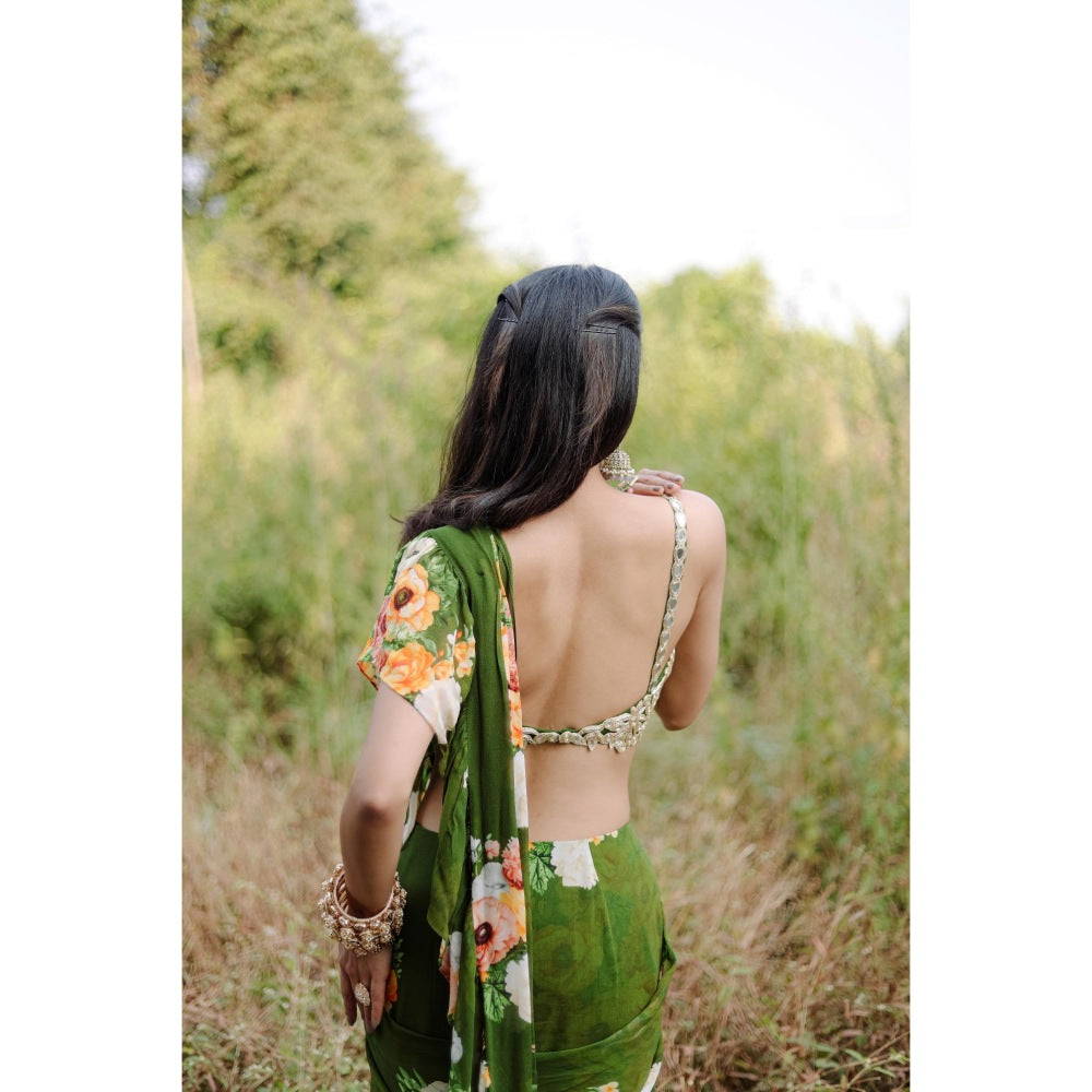 FORAM PATEL Green Floral Printed Rufflepre-Draped Saree with Stitched Blouse