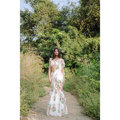 FORAM PATEL White Floral Printed Pre-Draped Ruffle Saree with Stitched Blouse