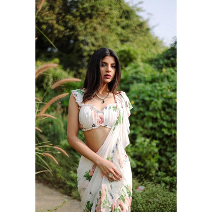 FORAM PATEL White Floral Printed Pre-Draped Ruffle Saree with Stitched Blouse