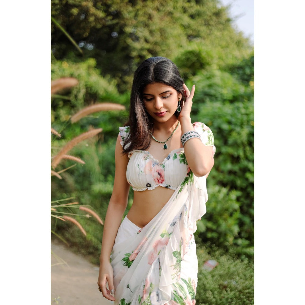 FORAM PATEL White Floral Printed Pre-Draped Ruffle Saree with Stitched Blouse