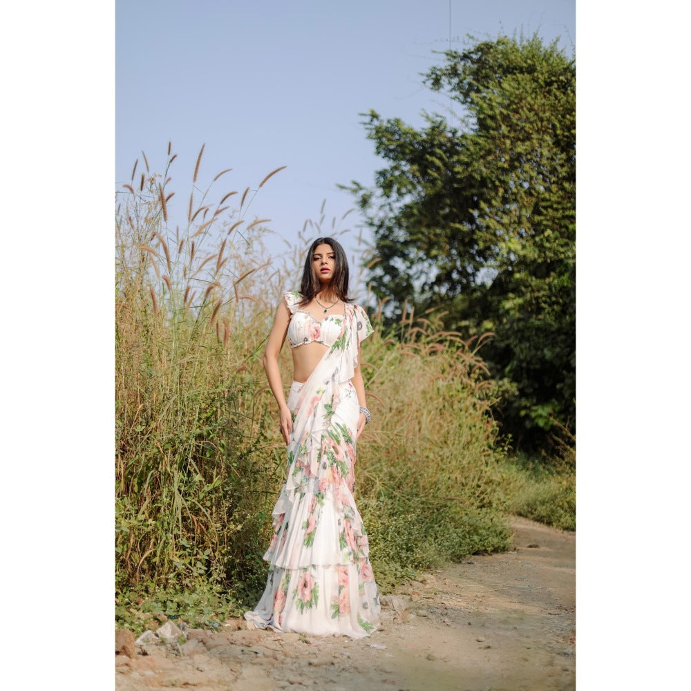 FORAM PATEL White Floral Printed Pre-Draped Ruffle Saree with Stitched Blouse