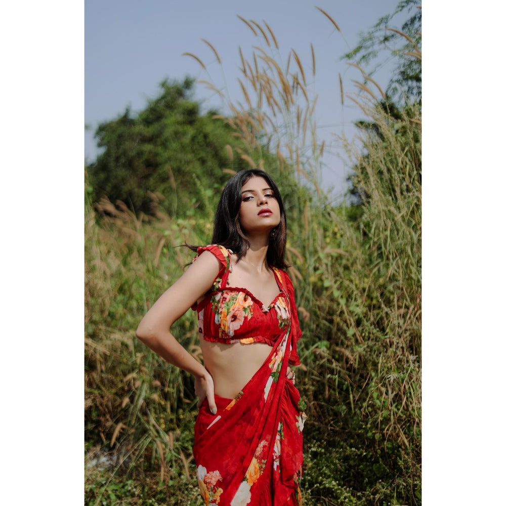 FORAM PATEL Red Floral Printed Pre-Draped Ruffle Saree with Stitched Blouse