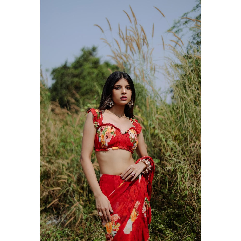 FORAM PATEL Red Floral Printed Pre-Draped Ruffle Saree with Stitched Blouse