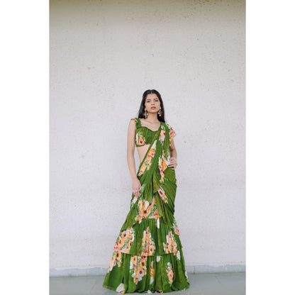 FORAM PATEL Green Floral Printed Pre-Draped Ruffle Saree with Stitched Blouse