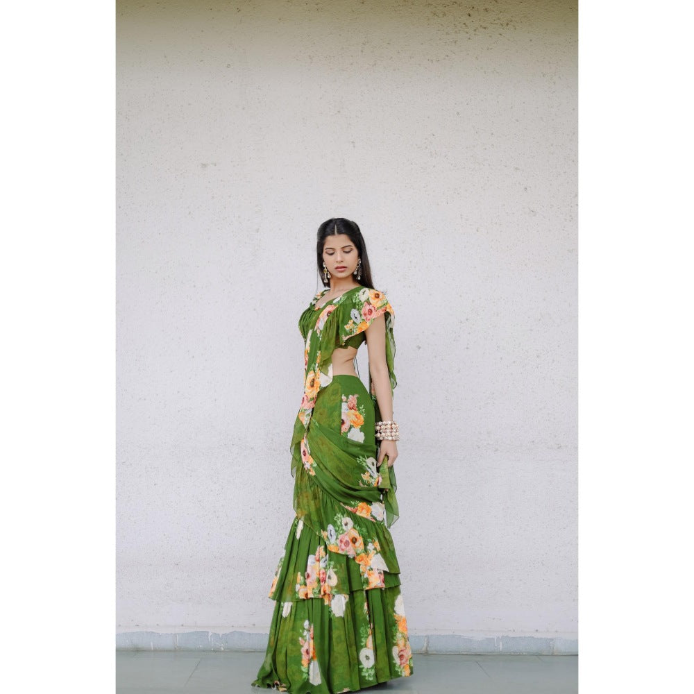 FORAM PATEL Green Floral Printed Pre-Draped Ruffle Saree with Stitched Blouse