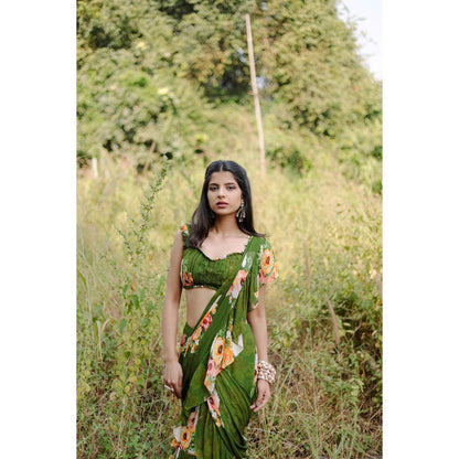 FORAM PATEL Green Floral Printed Pre-Draped Ruffle Saree with Stitched Blouse