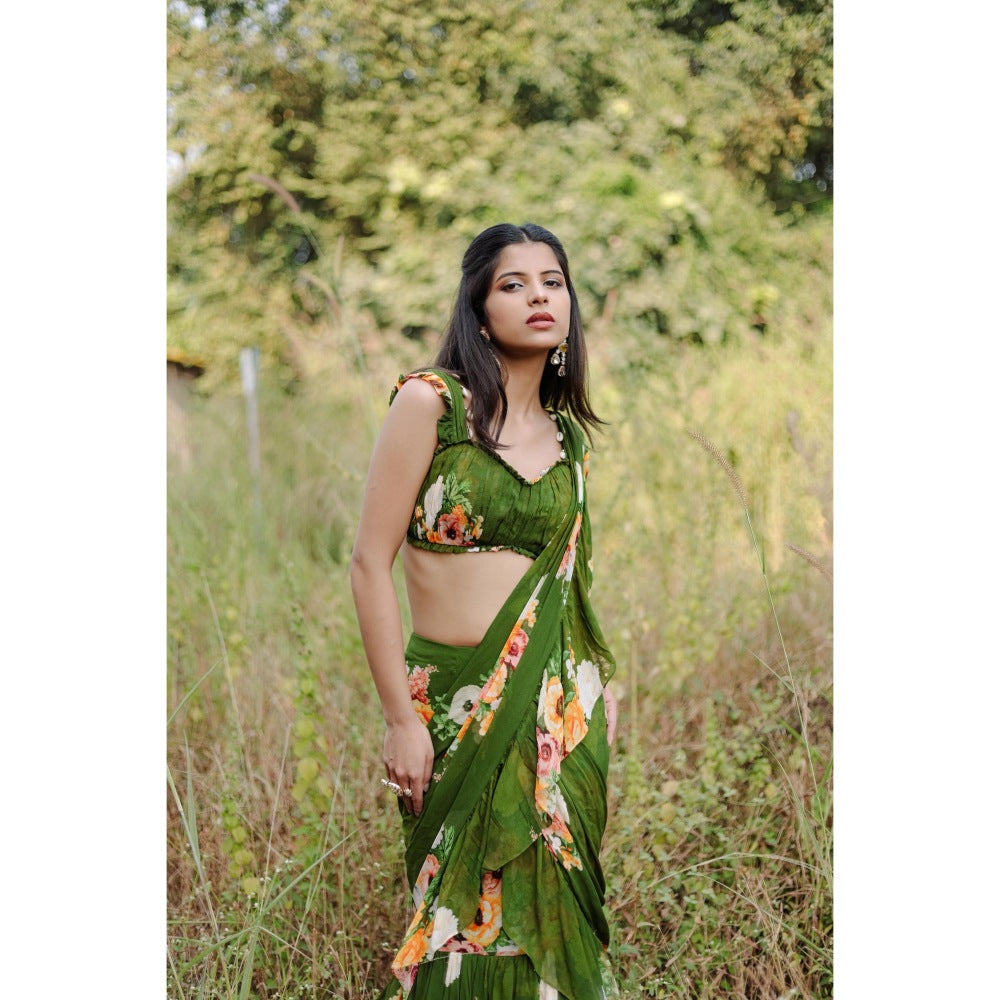 FORAM PATEL Green Floral Printed Pre-Draped Ruffle Saree with Stitched Blouse