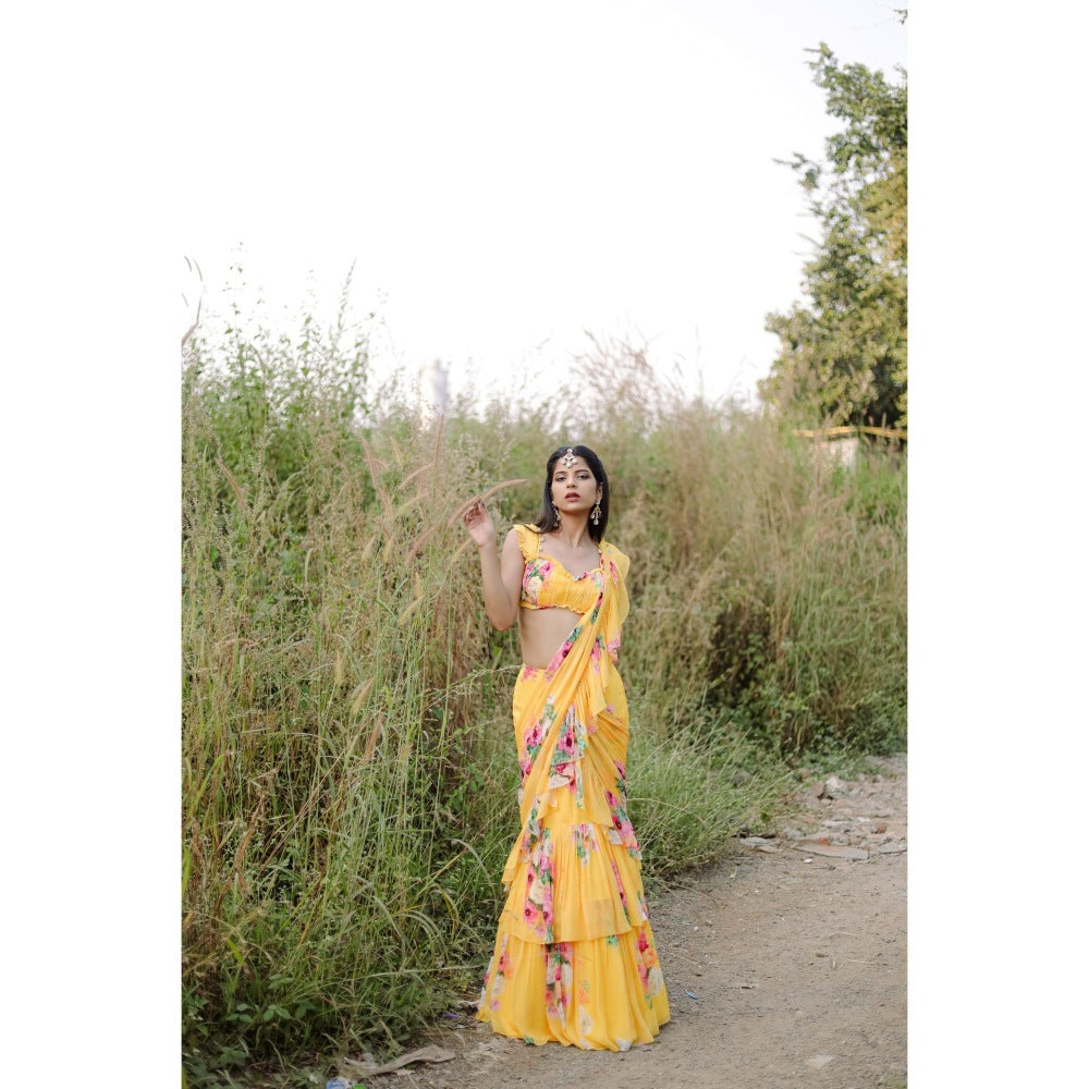 FORAM PATEL Yellow Floral Printed Pre-Draped Ruffle Saree with Stitched Blouse