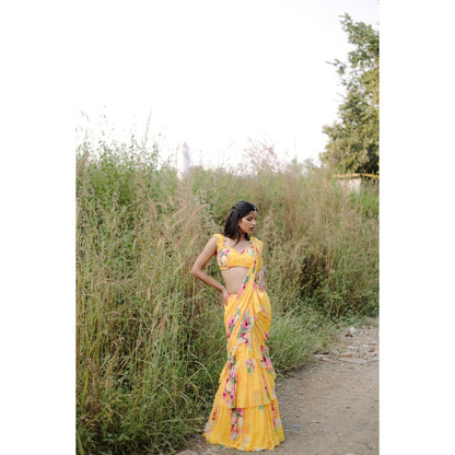 FORAM PATEL Yellow Floral Printed Pre-Draped Ruffle Saree with Stitched Blouse