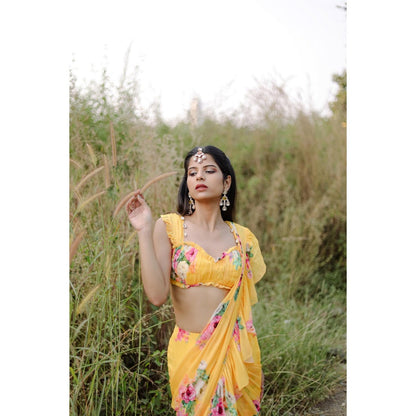 FORAM PATEL Yellow Floral Printed Pre-Draped Ruffle Saree with Stitched Blouse