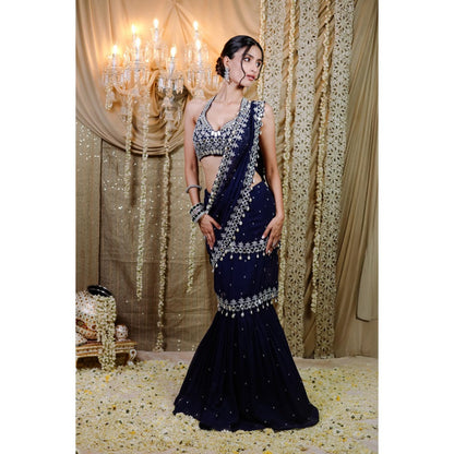 FORAM PATEL Navy Blue Embroidered Mumtaz Saree with Stitched Blouse