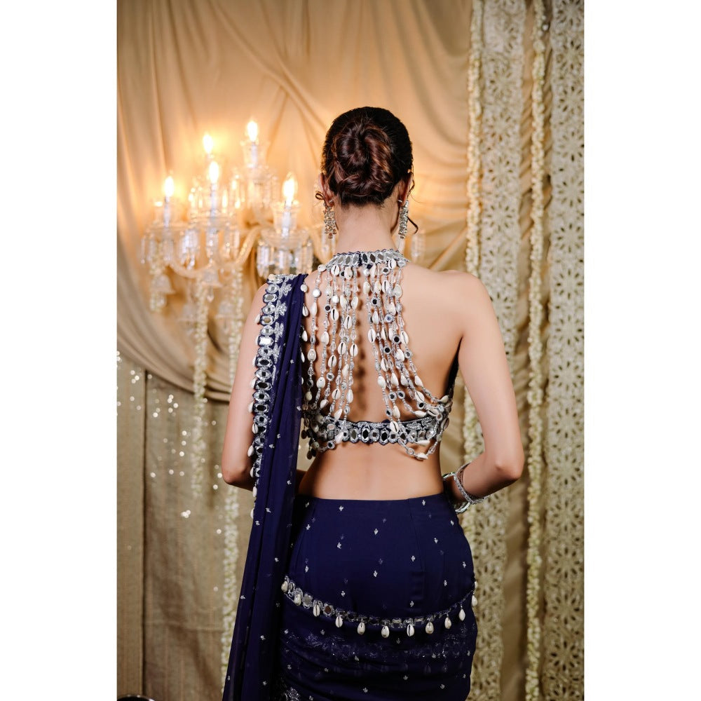 FORAM PATEL Navy Blue Embroidered Mumtaz Saree with Stitched Blouse