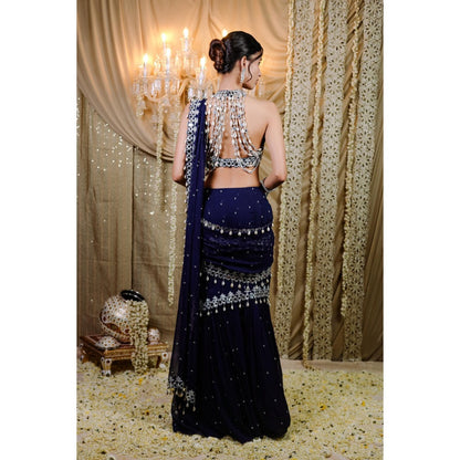 FORAM PATEL Navy Blue Embroidered Mumtaz Saree with Stitched Blouse