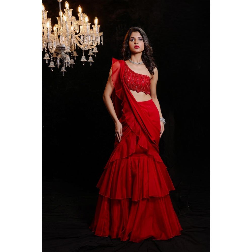 FORAM PATEL Red Solid Ruffle Pre-Drape Saree with Embroidered Stitched Blouse
