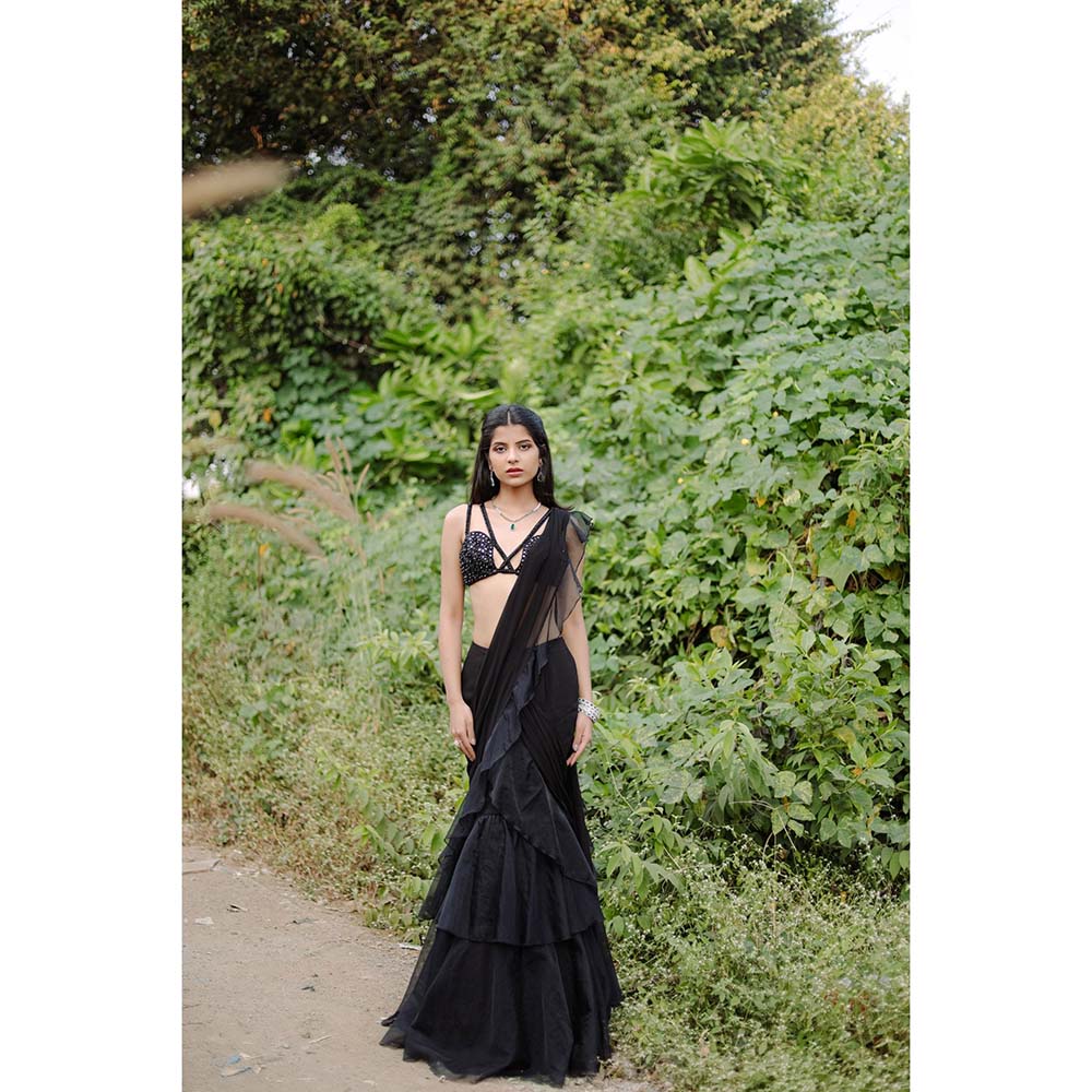 FORAM PATEL Black Solid Ruffle Pre-Draped Saree with Embroidered Stitched Blouse