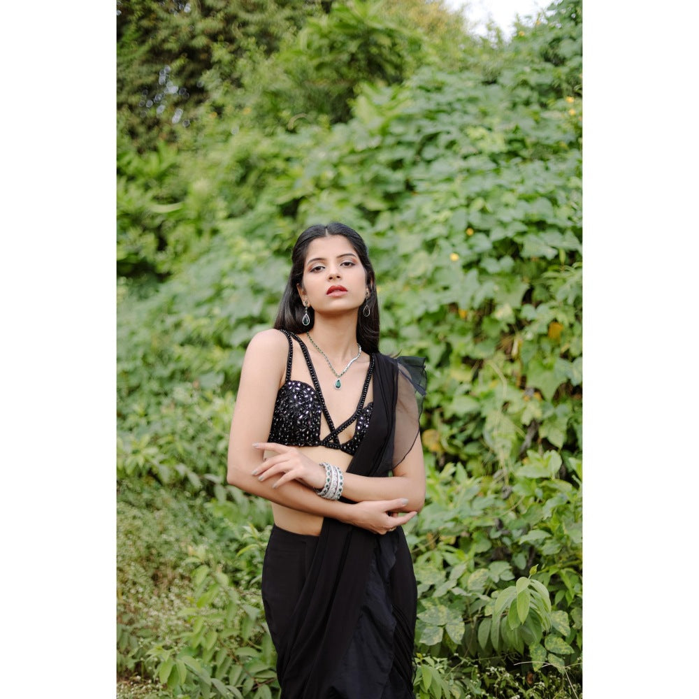 FORAM PATEL Black Solid Ruffle Pre-Draped Saree with Embroidered Stitched Blouse