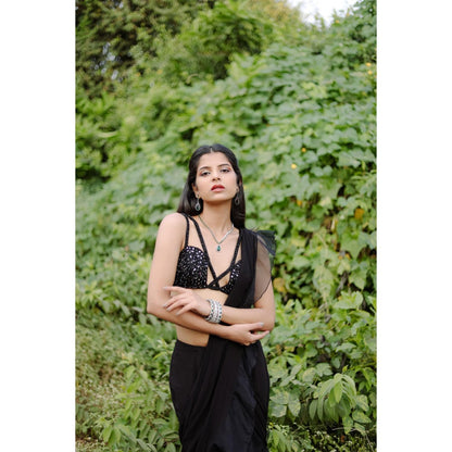 FORAM PATEL Black Solid Ruffle Pre-Draped Saree with Embroidered Stitched Blouse