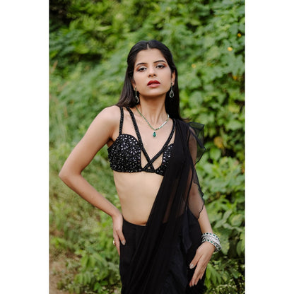 FORAM PATEL Black Solid Ruffle Pre-Draped Saree with Embroidered Stitched Blouse