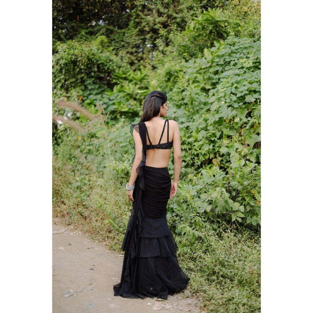 FORAM PATEL Black Solid Ruffle Pre-Draped Saree with Embroidered Stitched Blouse